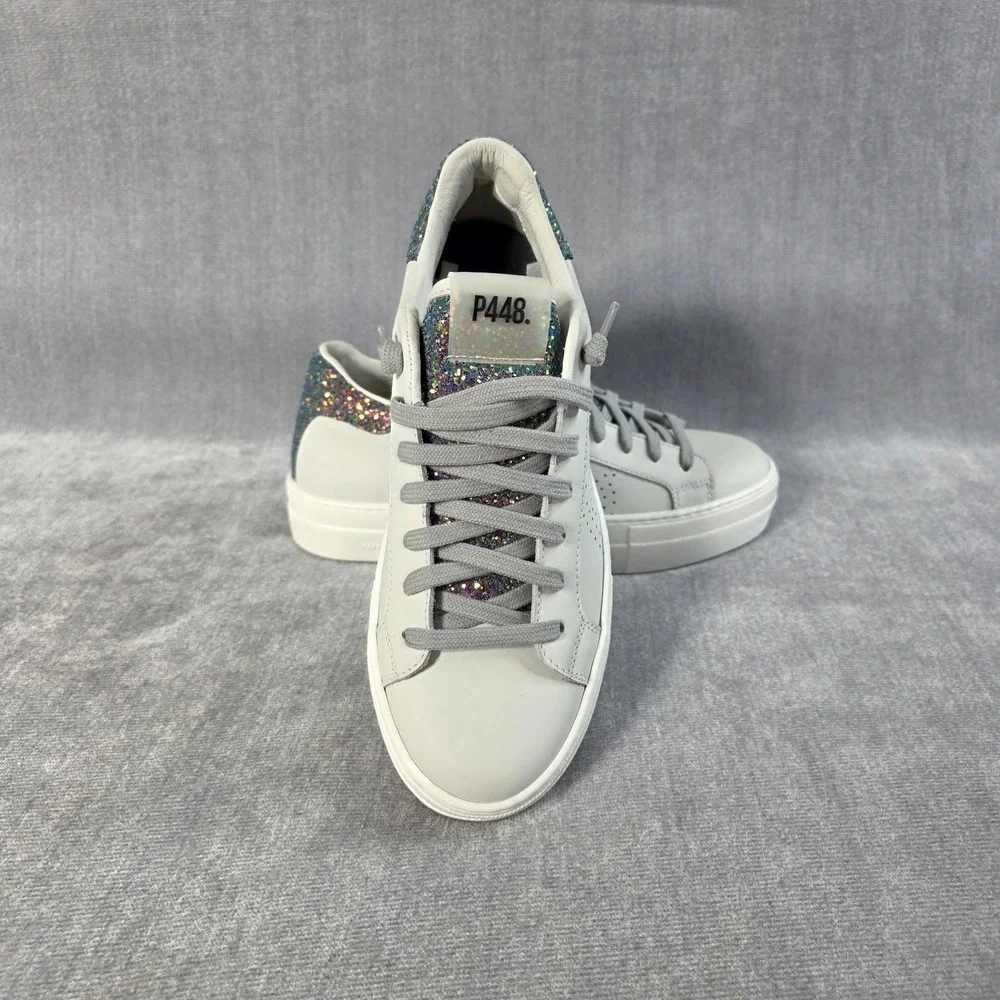 P448 Thea Sneakers Women's 38 White‎ Leather Purple Glitter Multi 7.5 NIB $298